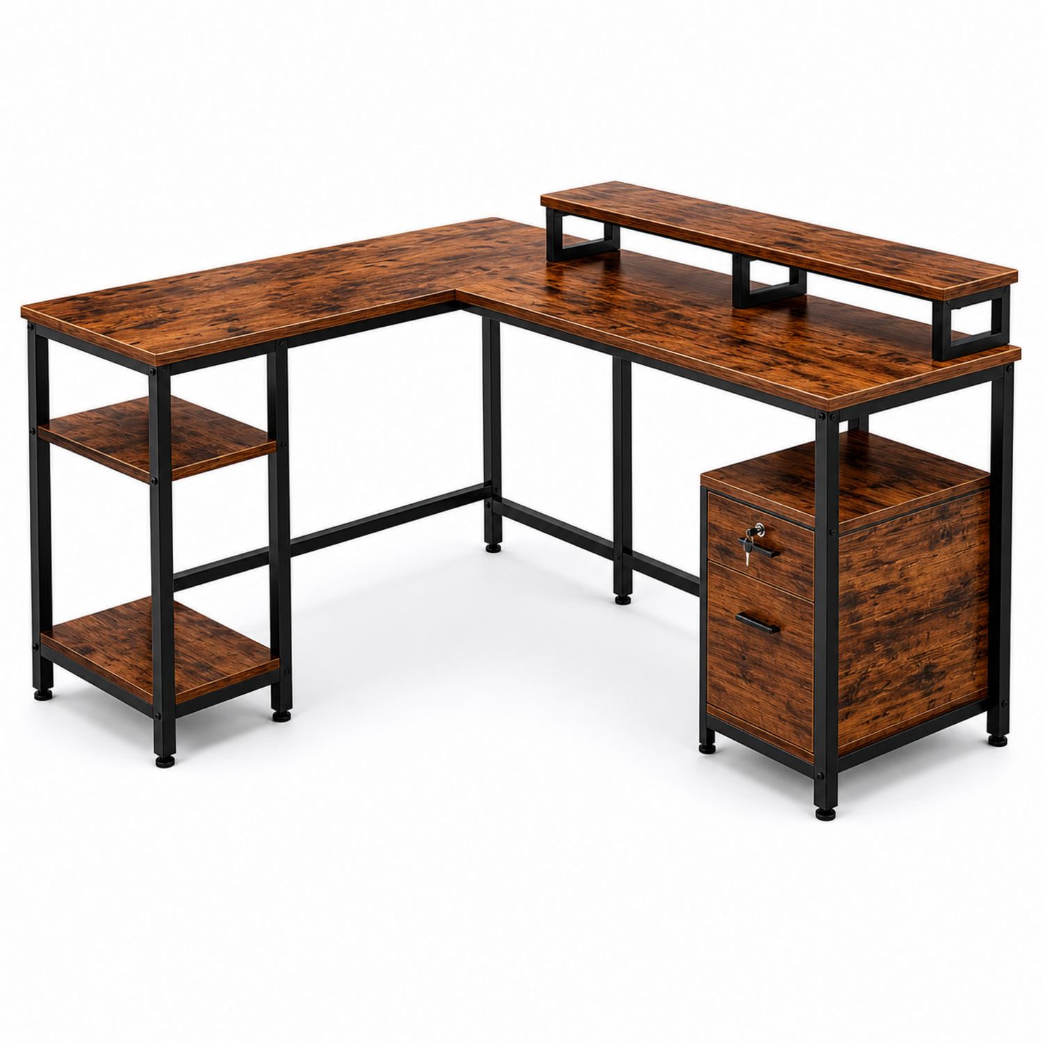 L-förmiger Eckschreibtisch aus Holz und Metall mit Regal und Schublade Braun/Schwarz