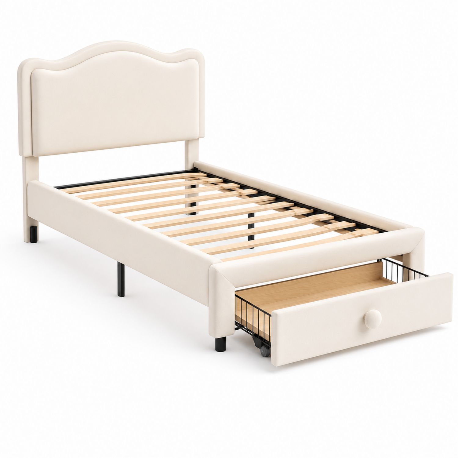 Einzelbett mit Kopfteil und Schublade aus Metall und Polyester Creme