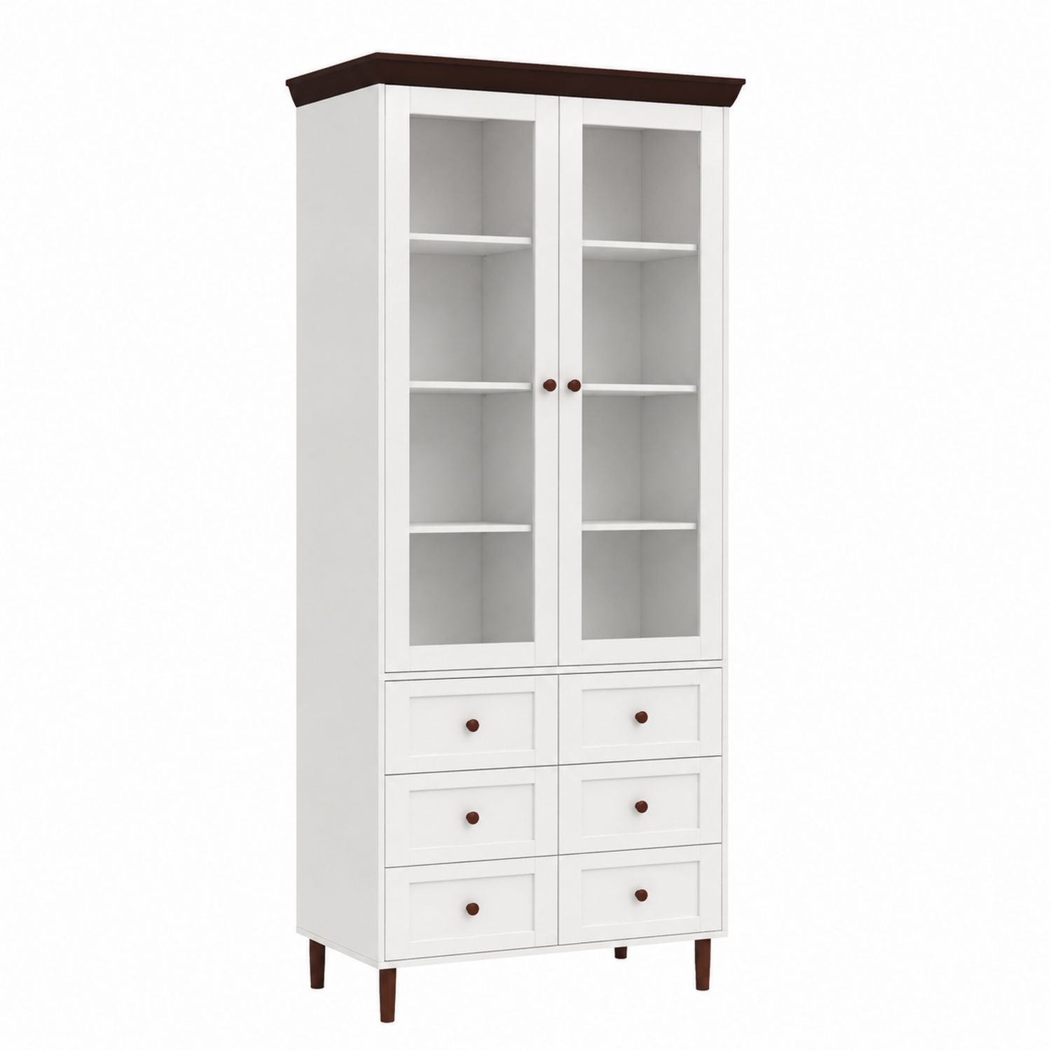 Hohes Sideboard mit Glastüren und Schubladen Weiß 80x40x200 cm MDF und Kiefernholz