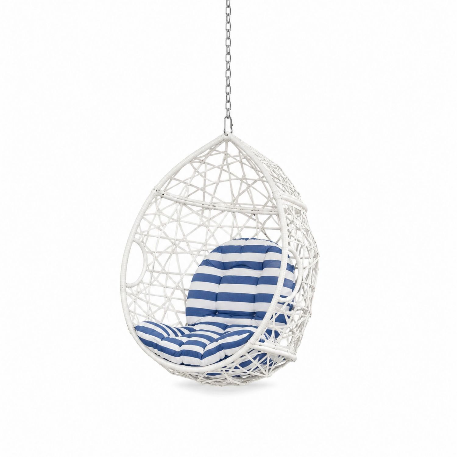 Hängesessel Ei-Form Weiß PE-Rattan Blau-Weiße Kissen