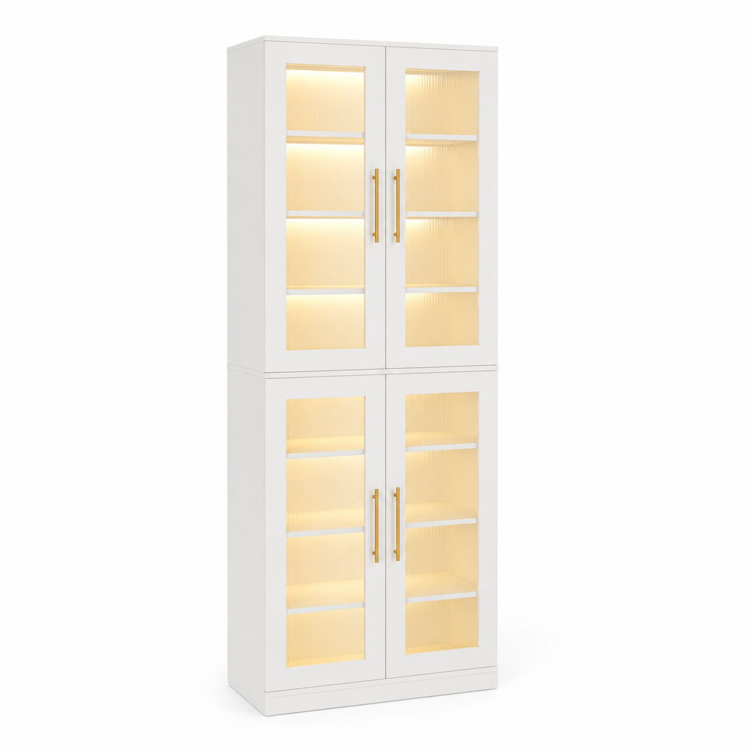 Vitrinenschrank aus MDF mit geriffeltem Sicherheitsglas und LED-Beleuchtung Weiß