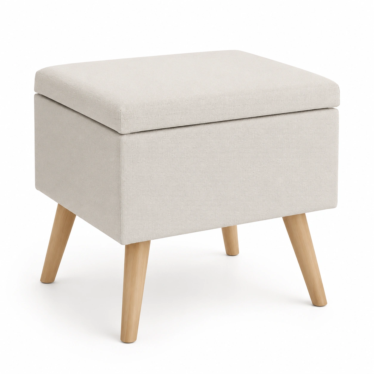 Puf de almacenaje beige con patas de madera-furnifyo