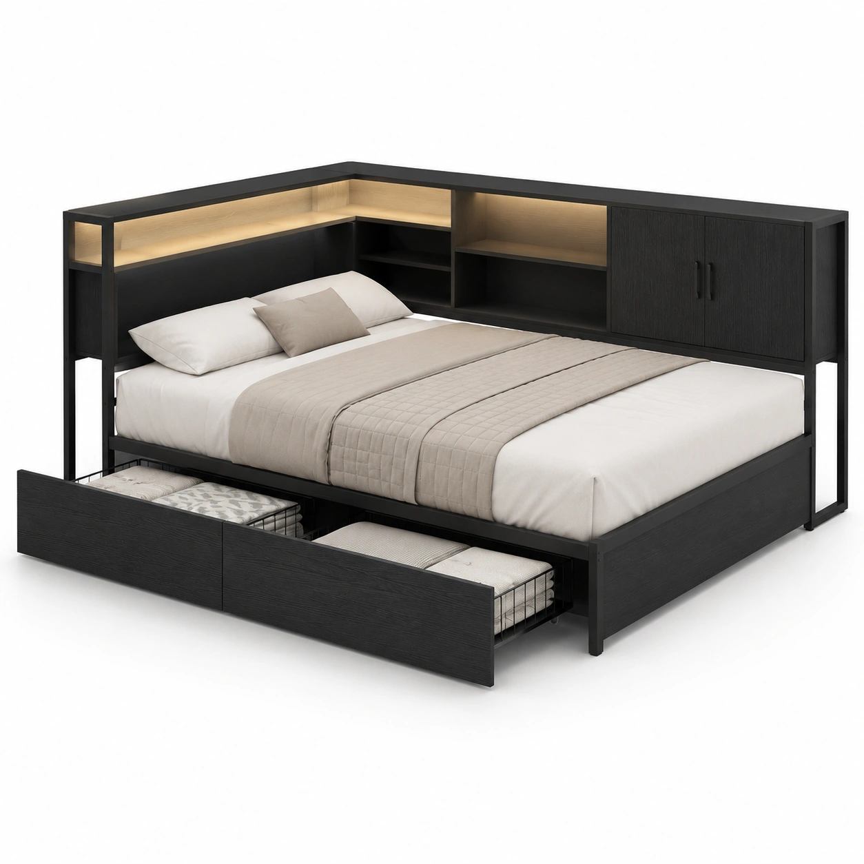 Gabinete de almacenamiento para dormitorio negro con acabado madera-furnifyo