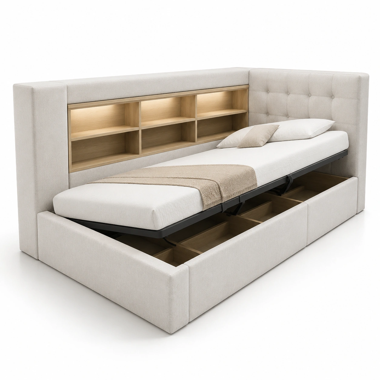 Cama con almacenamiento color beige-furnifyo