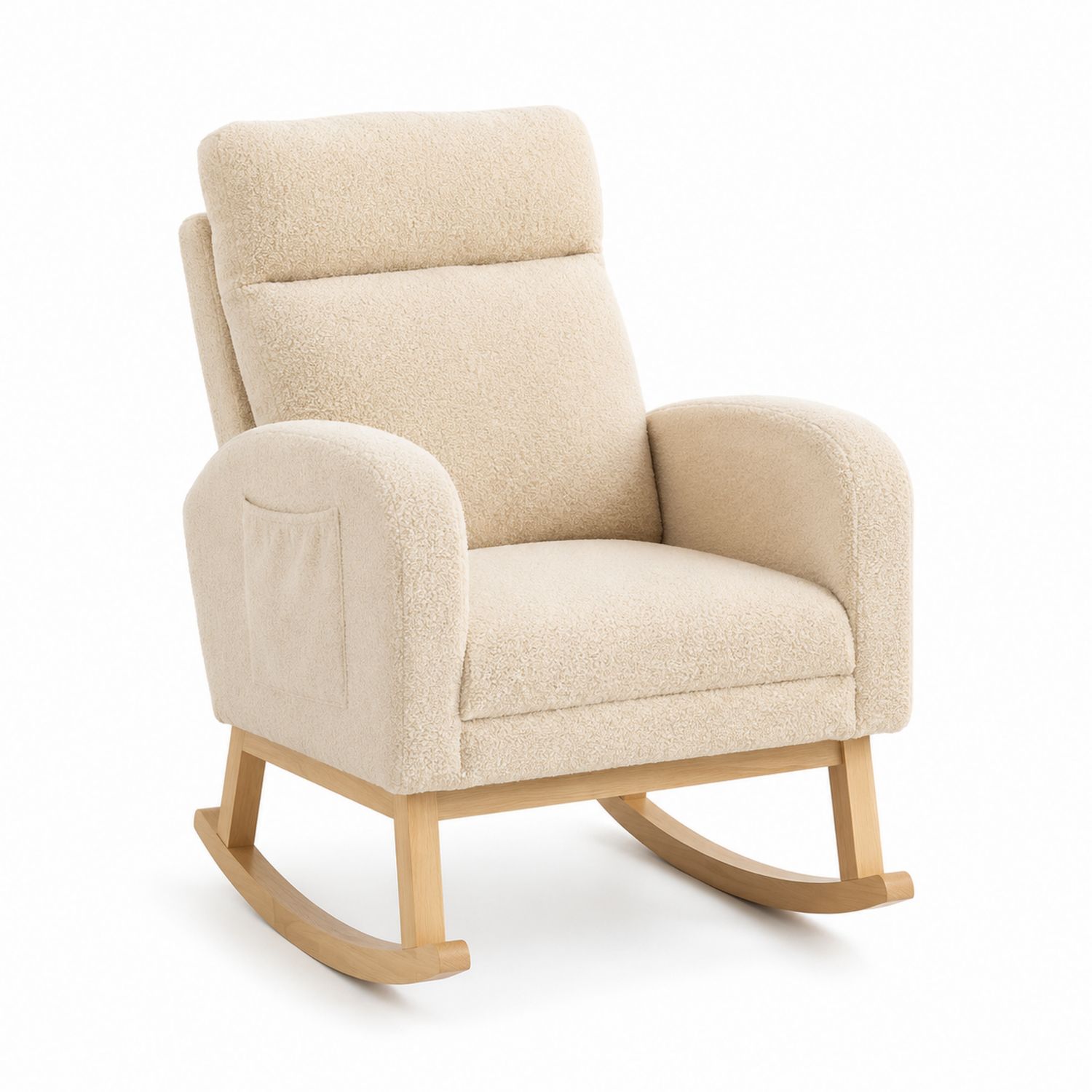 Fauteuil à bascule en bois et tissu bouclé crème