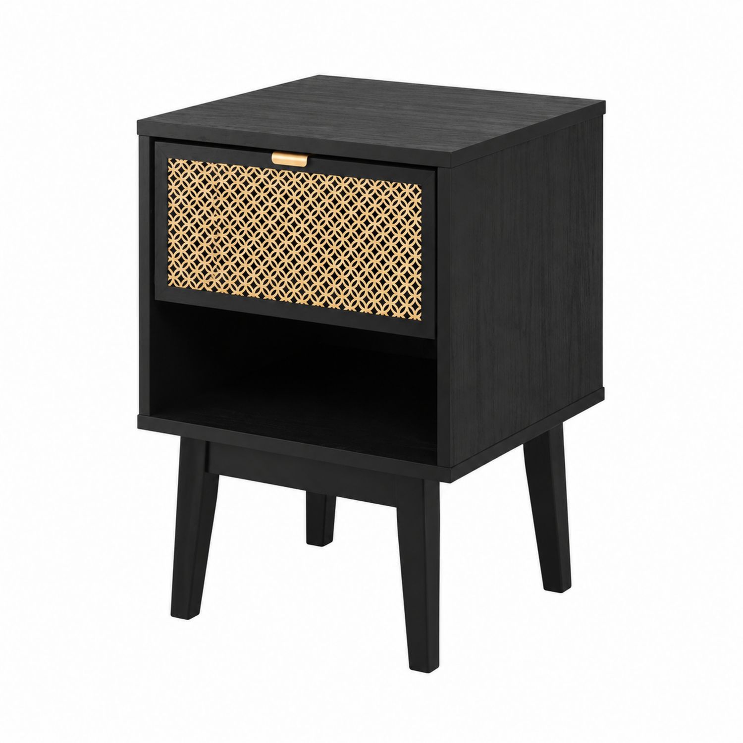 Nachttisch MDF Schwarz mit Rattan 45x35x60cm