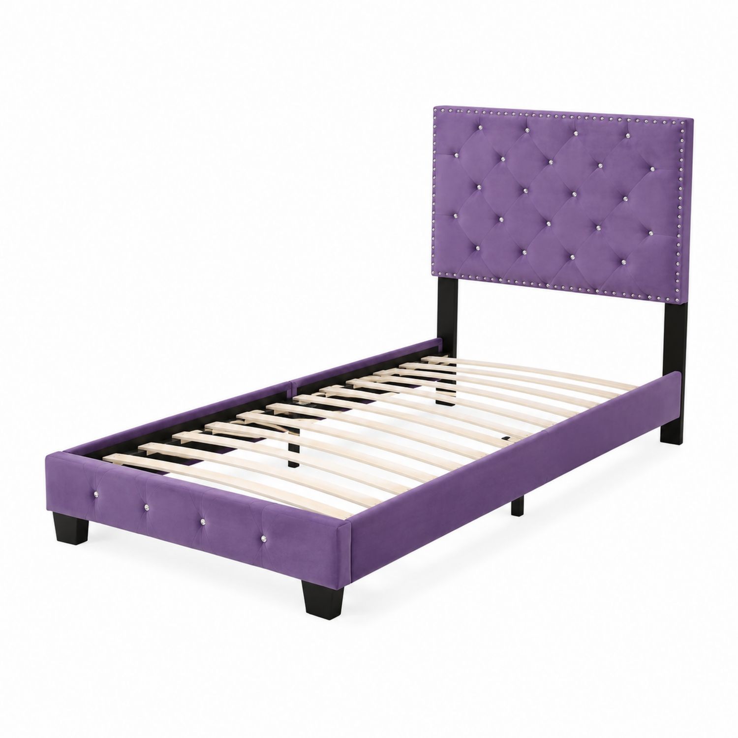 Einzelbett mit Samtpolsterung und Steppdesign in Lila