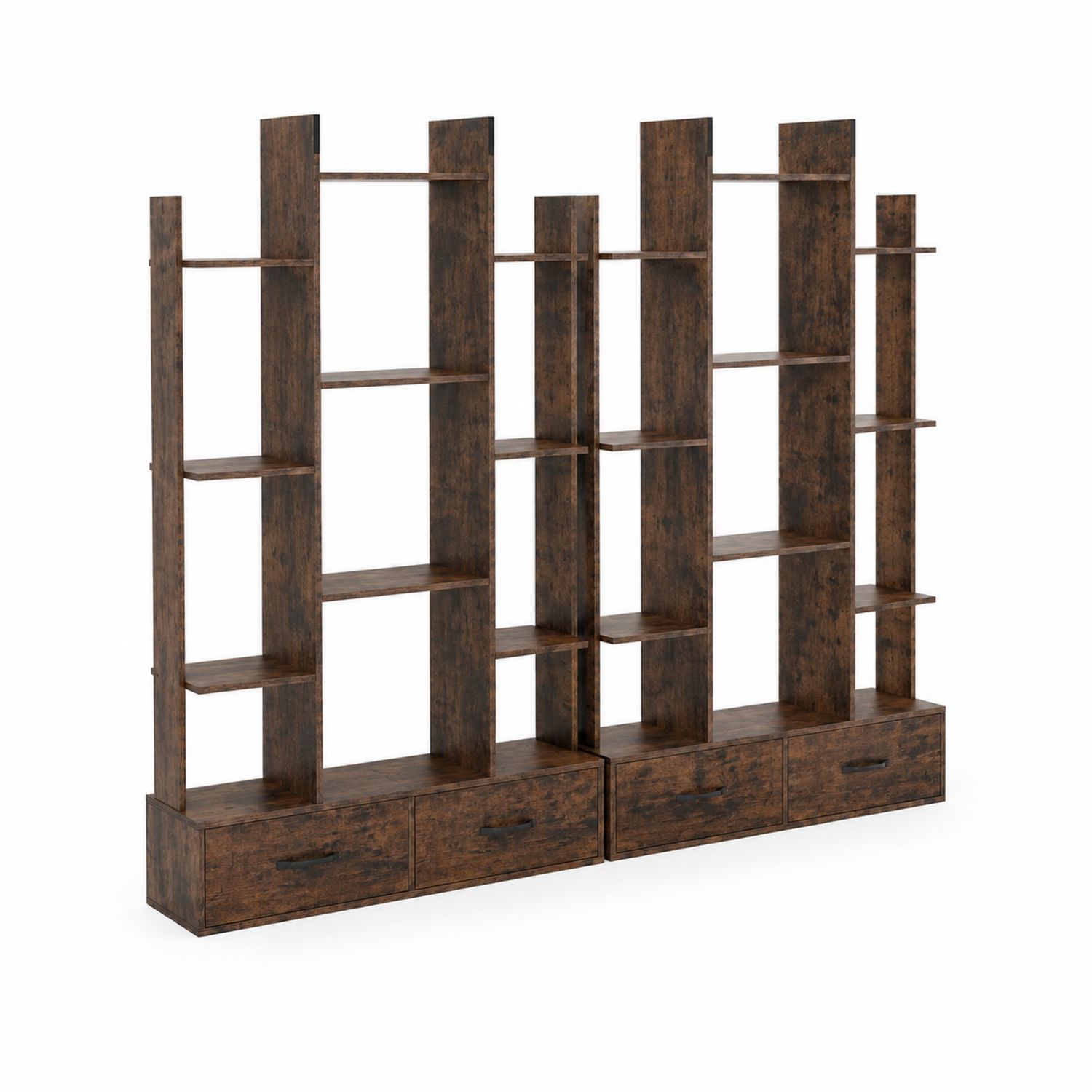 Eichenholz Bücherregal-Set mit Schubladen 6-teilig Dunkelbraun