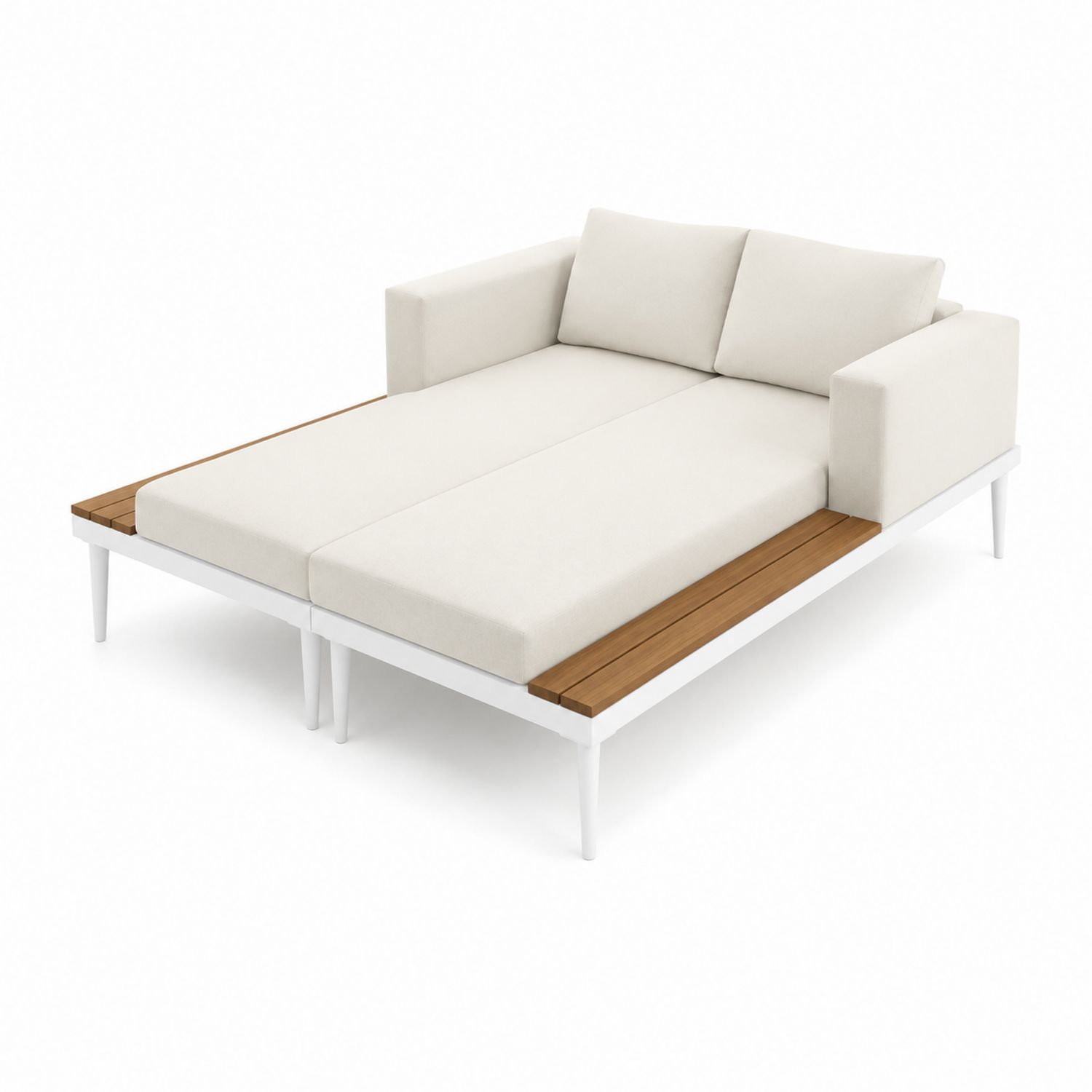Outdoor Doppelliege aus Aluminium mit Polster und Teakholz, Weiß und Beige