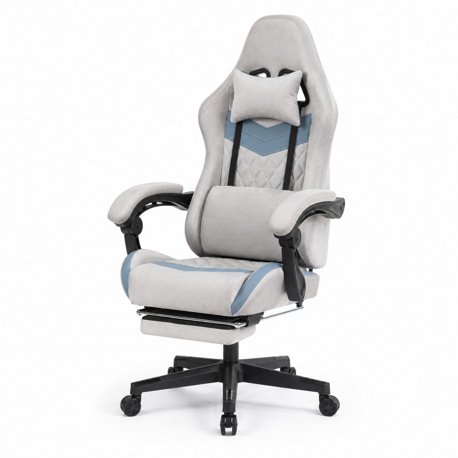 Ergonomischer Bürostuhl mit verstellbarer Rückenlehne und Fußstütze, Mikrofaser, Grau/Blau