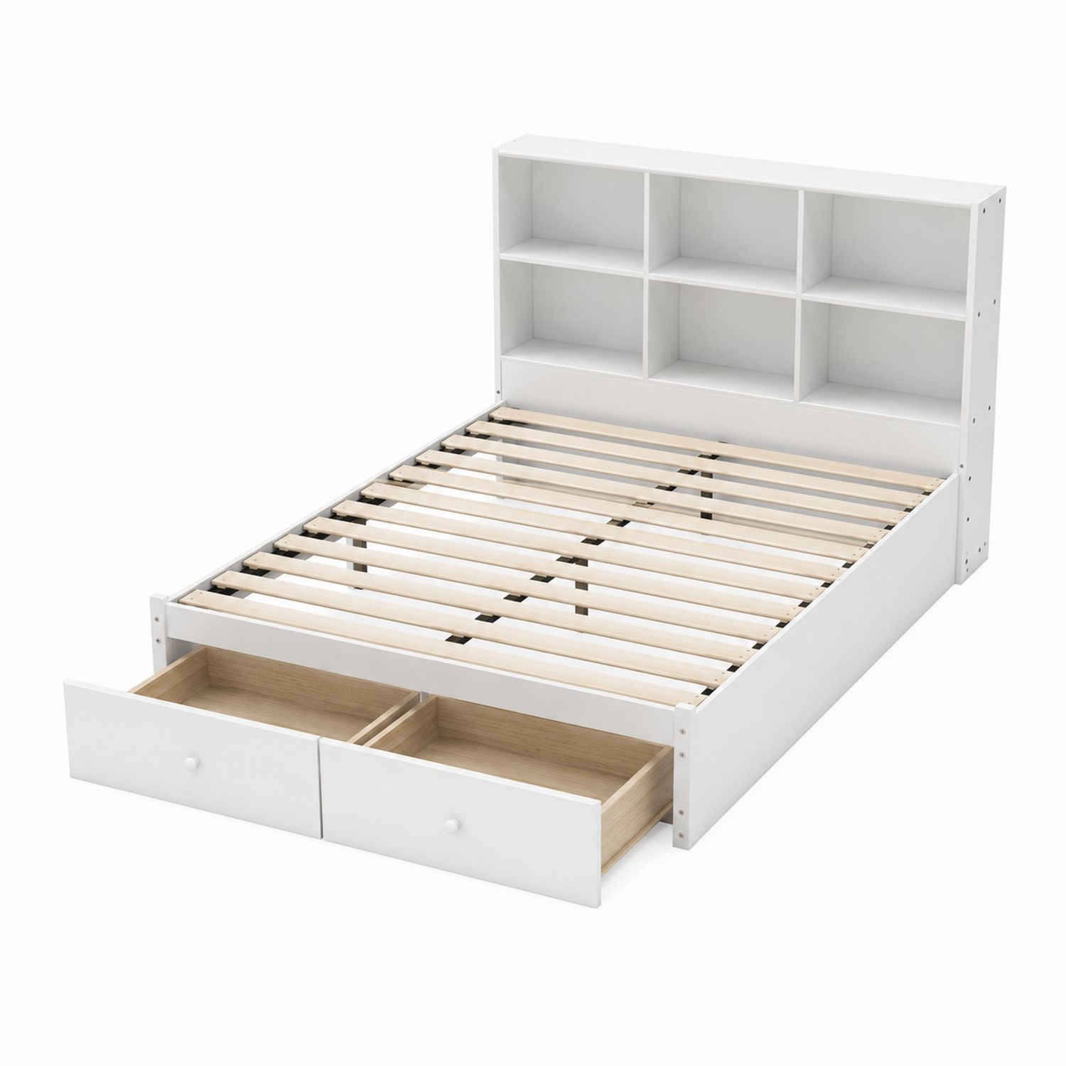 Holzbett mit Regal-Kopfteil und Schubladen 200x140 cm Weiß