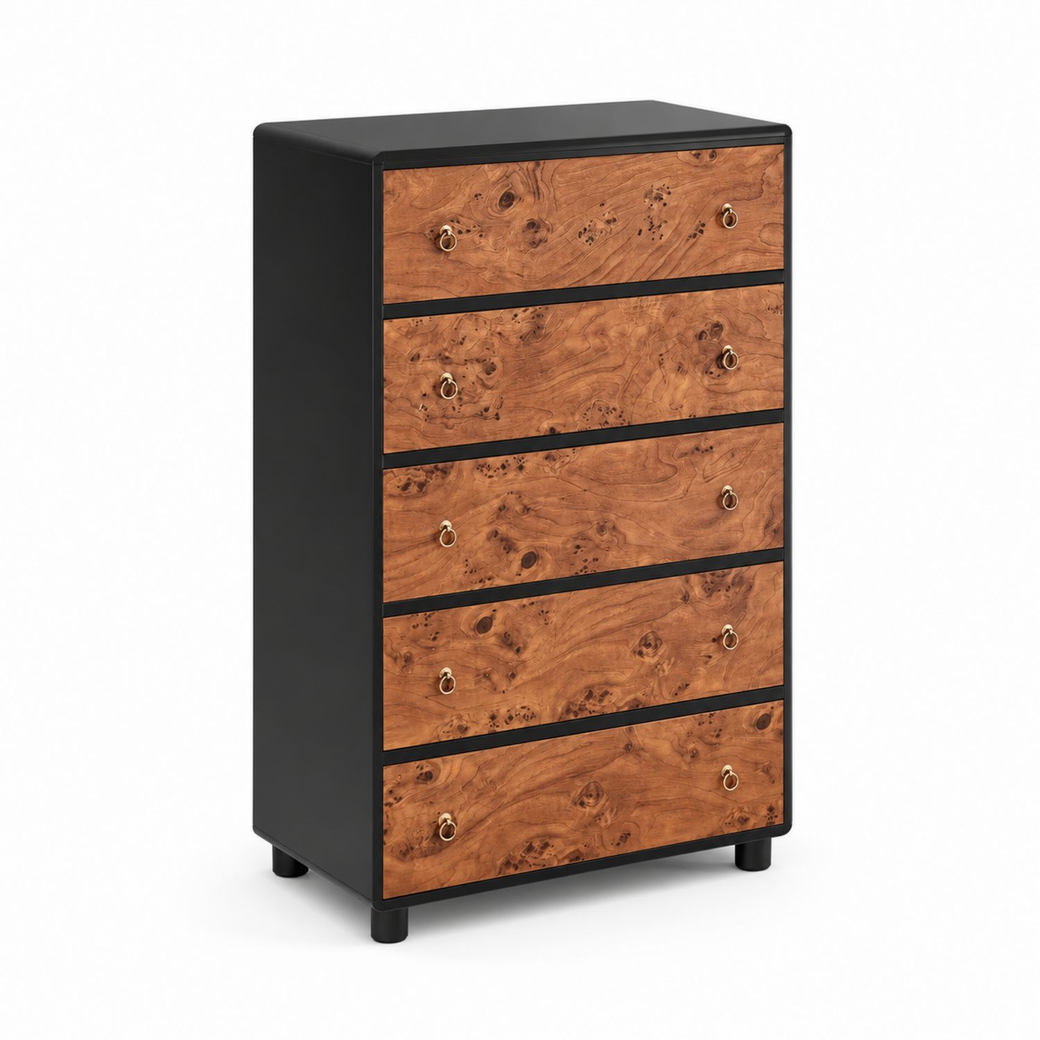 Kommode mit 5 Schubladen aus Holzfurnier und MDF, Schwarz/Natur