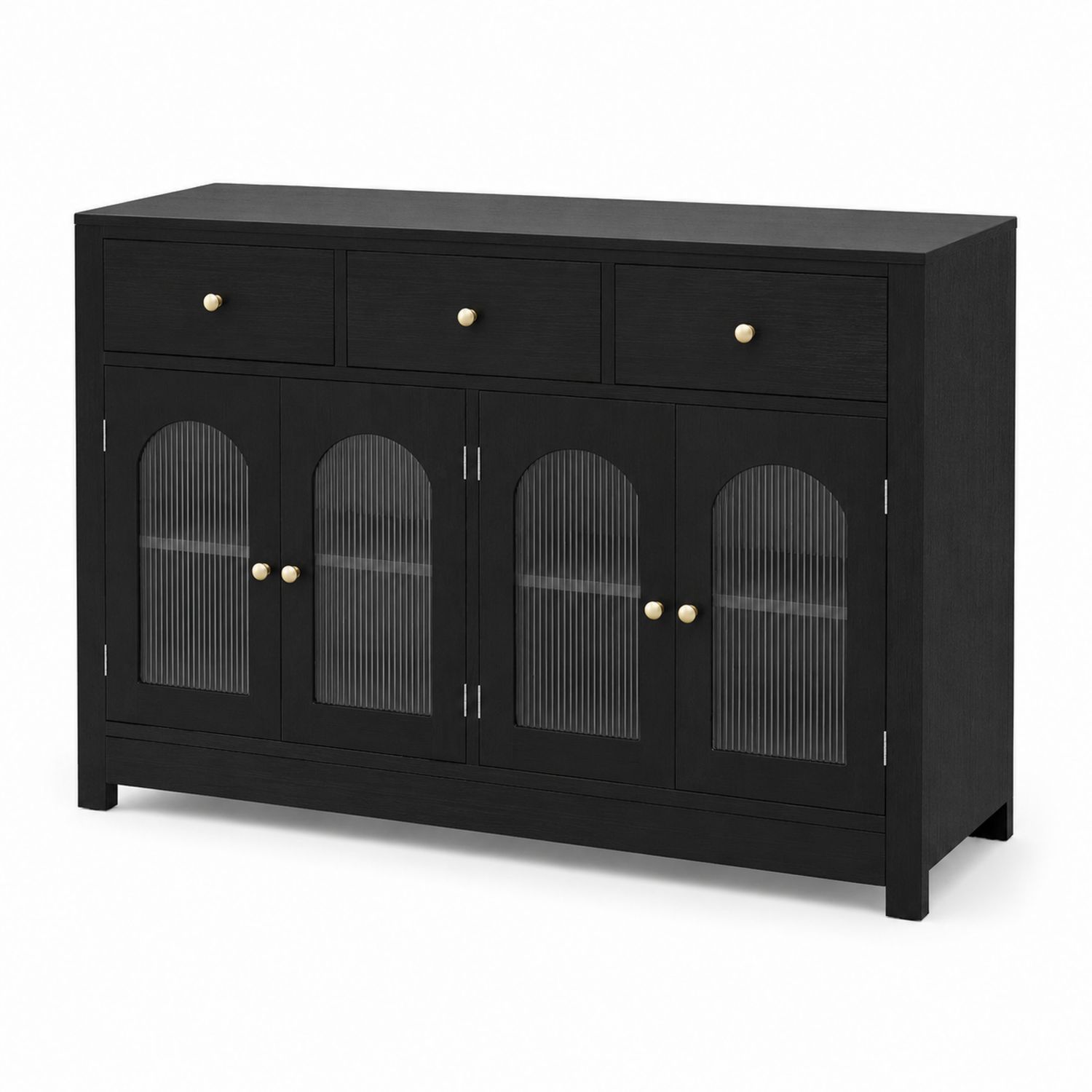 Sideboard mit geriffeltem Glas- und Holztüren, Schwarz, 120x40x85 cm