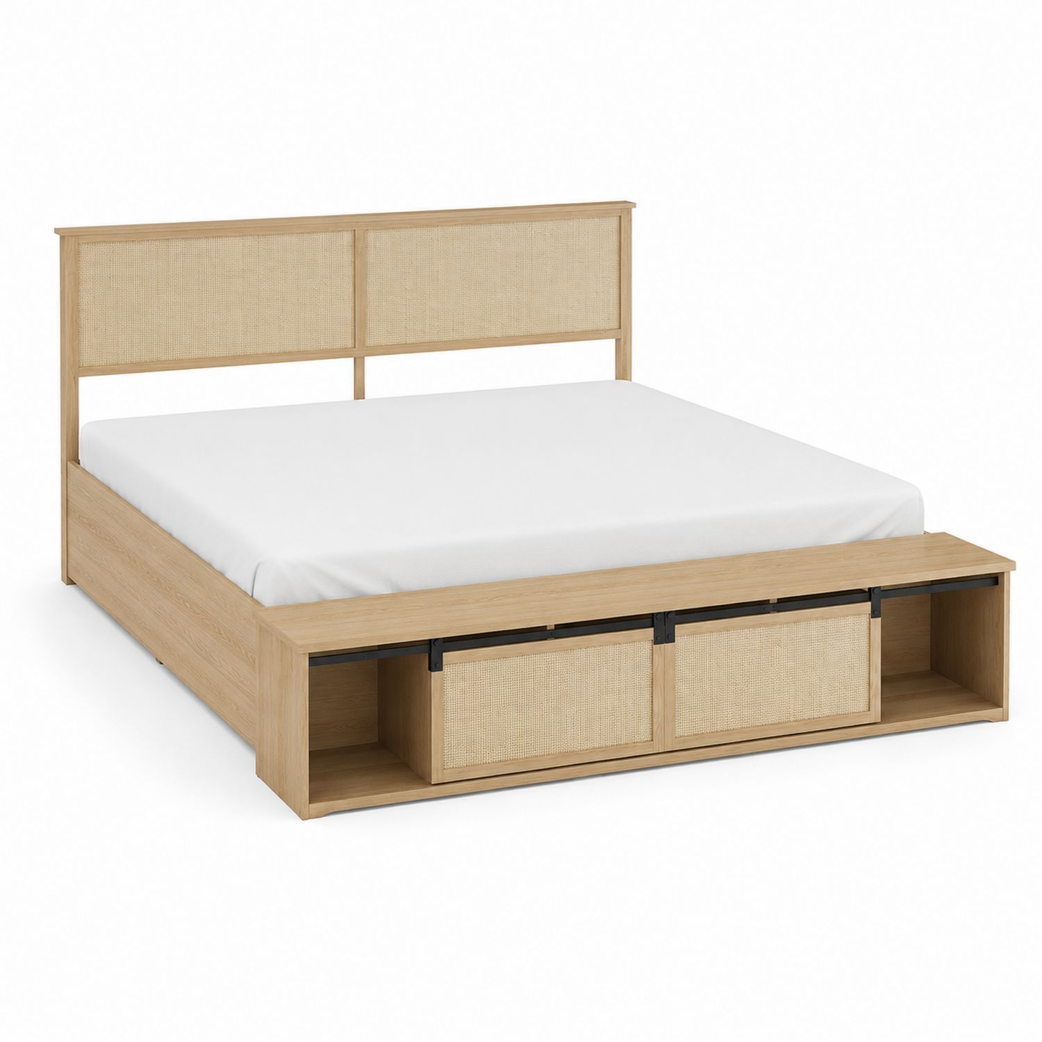 Doppelbett mit Stauraum Eichenholz und Leinen Beige 200x180 cm
