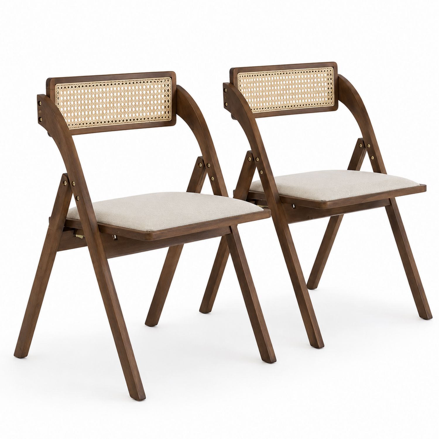 Set aus 2 klappbaren Holzstühlen mit Wiener Geflecht und Stoffbezug, Braun und Beige