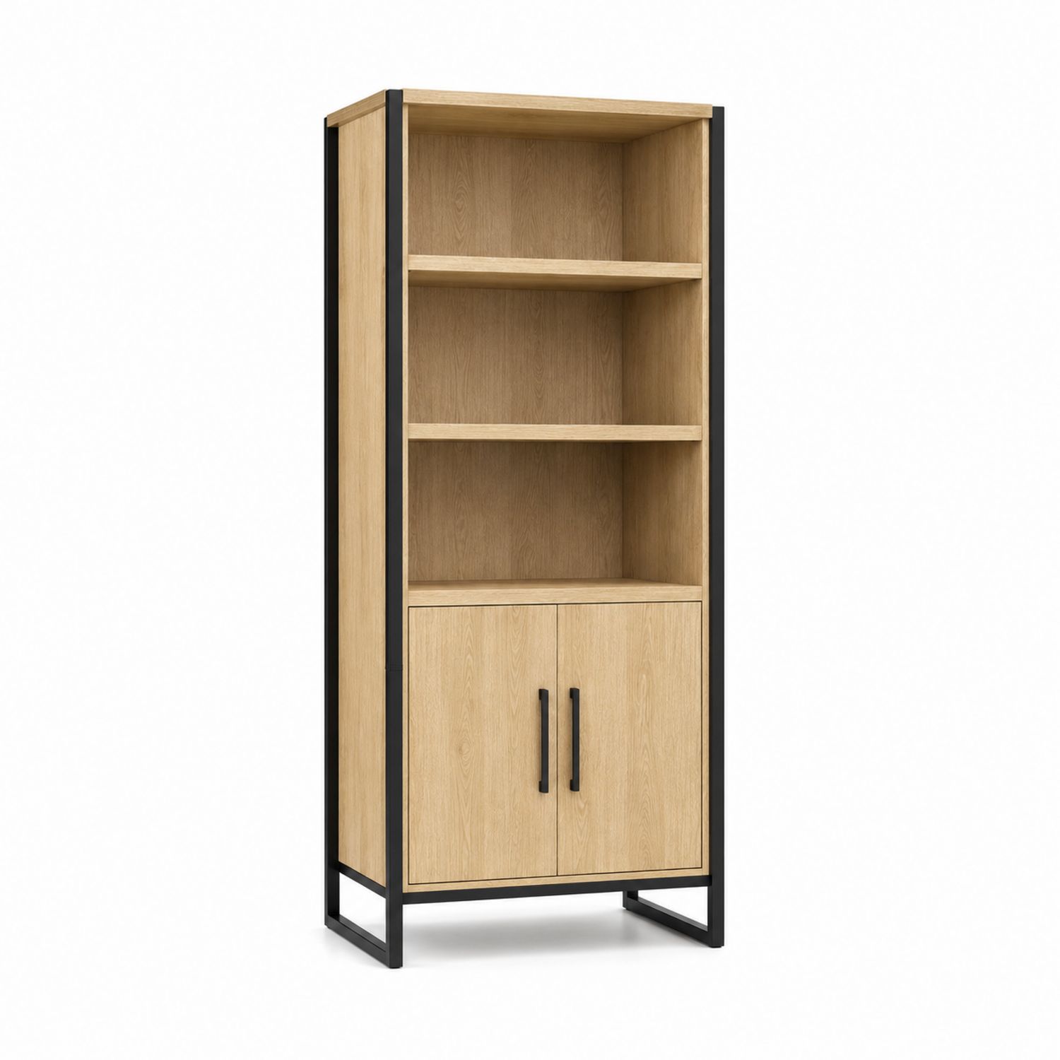 Bücherregal Eichenfurnier mit Stahlrahmen 3 Ebenen 2 Türen 185x80x35cm Natur/Schwarz
