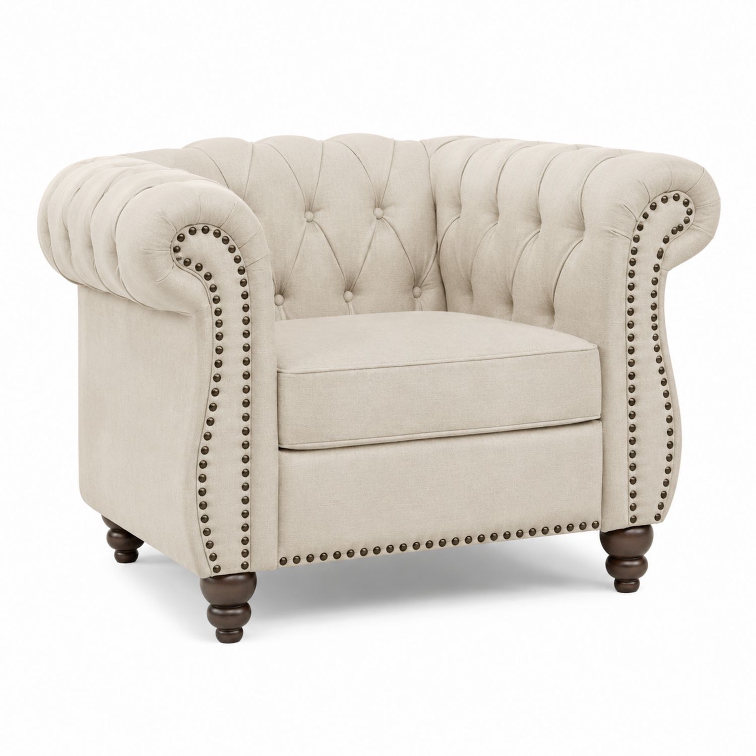 Chesterfield Sessel Stoff Polyester Beige mit Holzfüßen