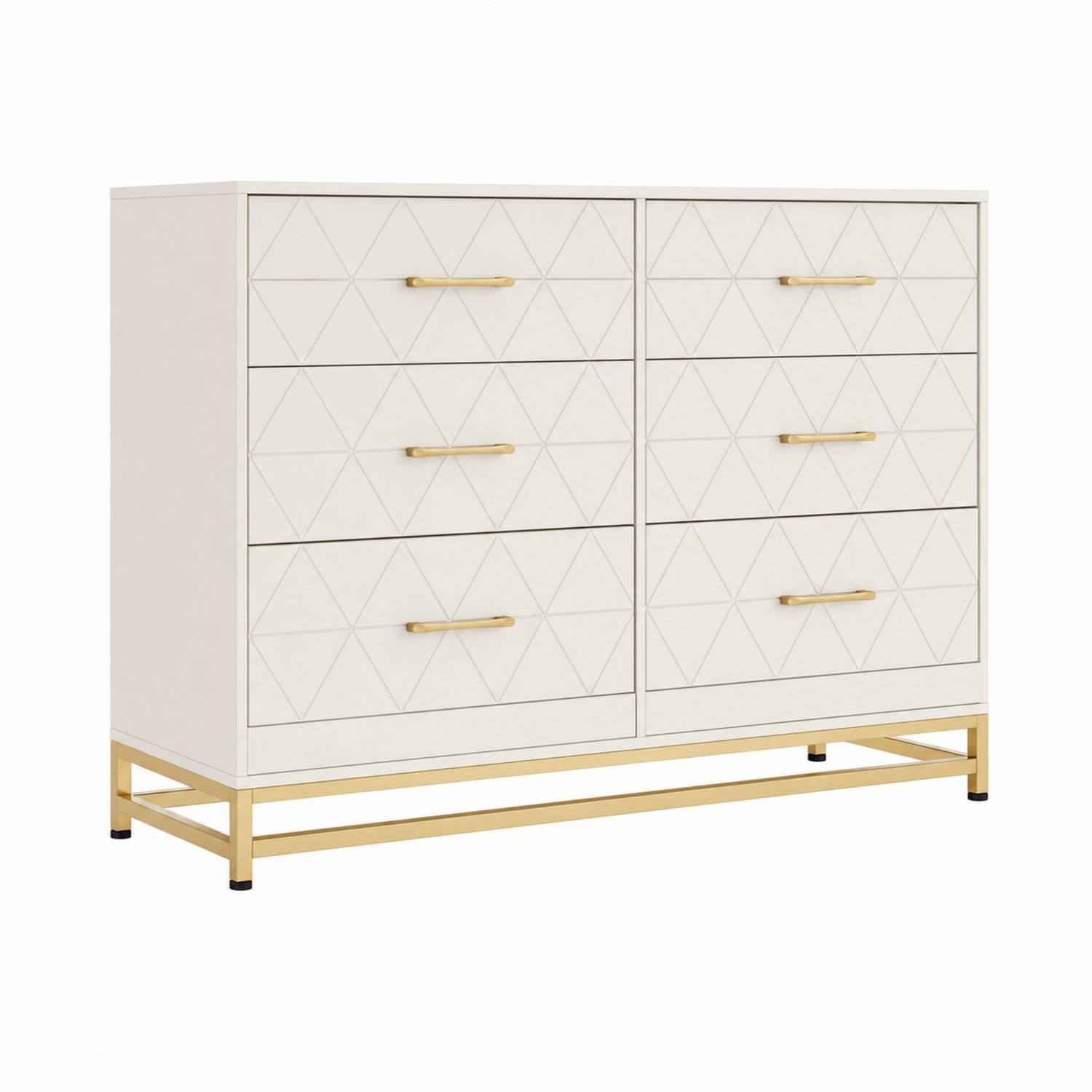 Kommode mit 6 Schubladen aus Holz mit goldfarbenen Metallgriffen und Gestell Weiß