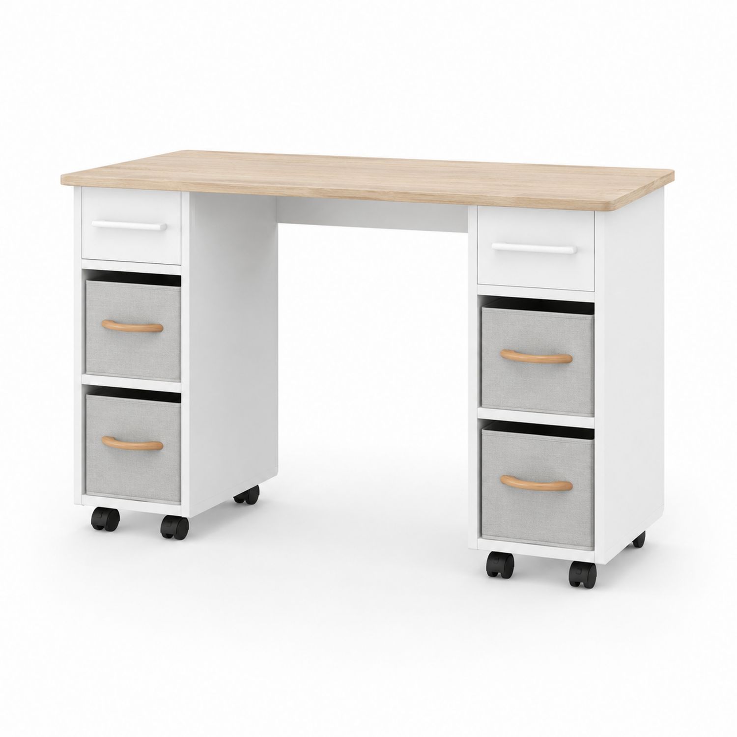 Schreibtisch mit Schubladen auf Rollen, Holzoptik, Weiß/Grau, 120x48x75 cm