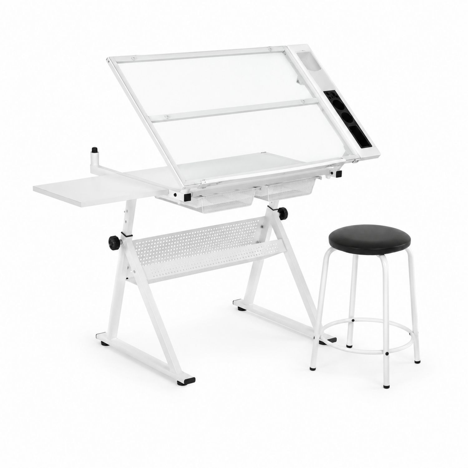 Zeichentisch Set mit Hocker Metall Sicherheitsglas Weiß/Schwarz-Norvexoril