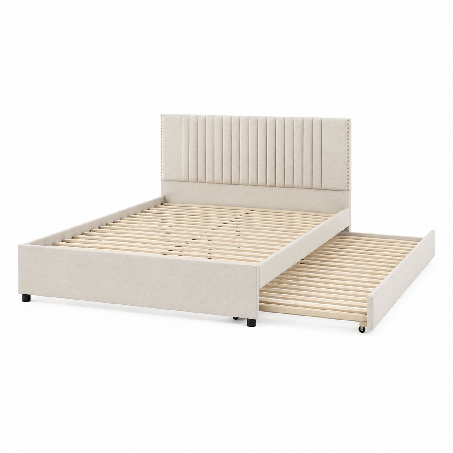 Polsterbett mit Stauraum aus Holz und Stoff, Beige, 200 x 160 cm-Norvexoril