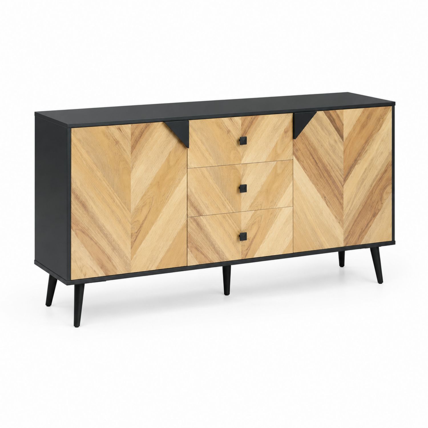 Sideboard Holz Metall Chevron Muster 140x40x80cm Schwarz/Eiche-Norvexoril
