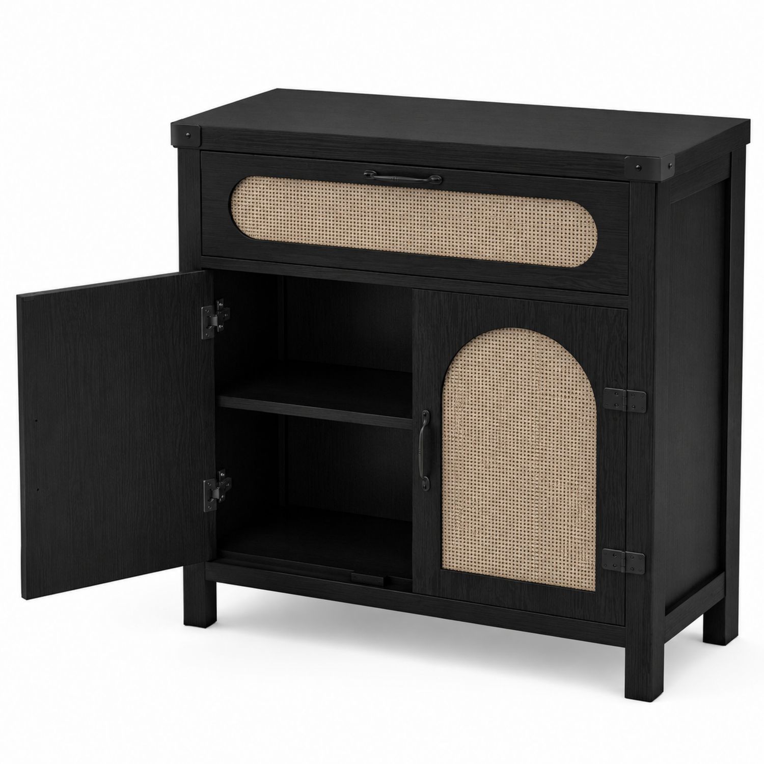Holz Sideboard mit Wiener Geflecht Türen Schwarz/Natur-Norvexoril