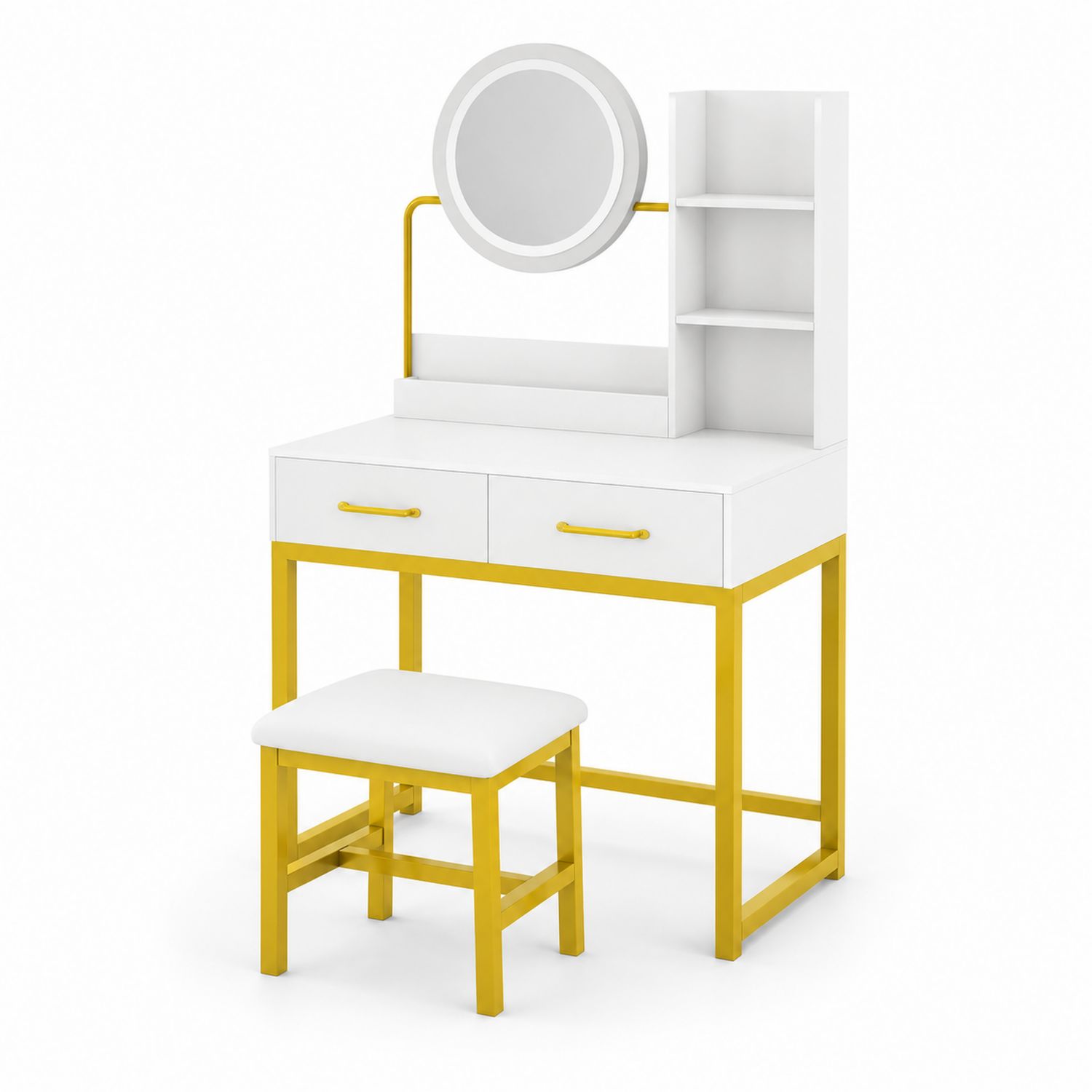 Schminktisch mit Spiegel und Hocker aus MDF und Metall Weiß/Gold-Norvexoril