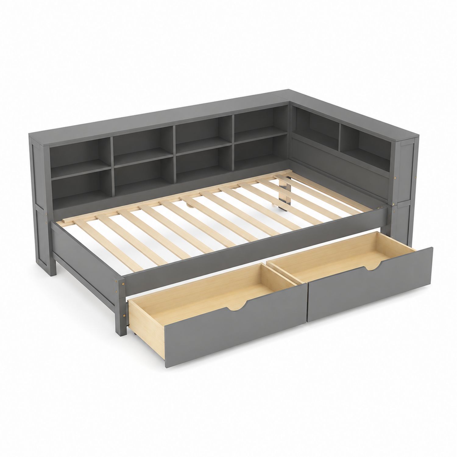 Holzbett mit Regal und Schubladen Grau 200x90 cm-Norvexoril