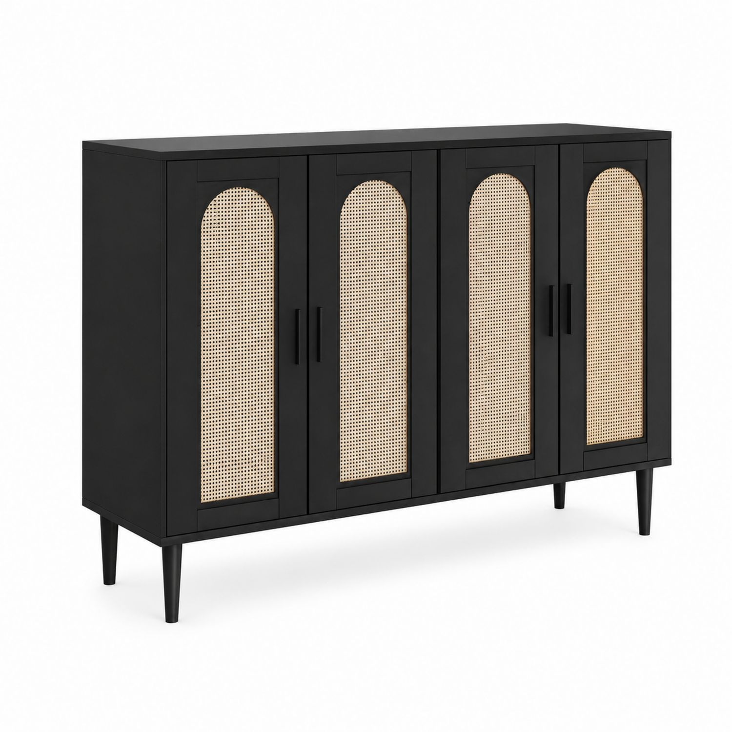 Schwarzes Holz Sideboard mit Rattan-Türen 150x40x90 cm-Norvexoril