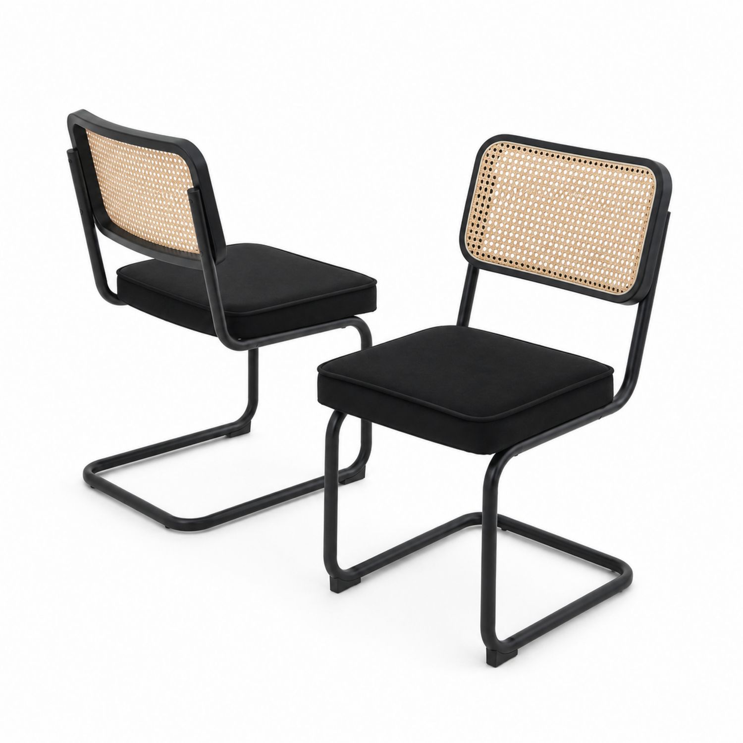 Metall Esszimmerstuhl 2er Set mit Rattan-Rückenlehne und schwarzem Polster-Norvexoril