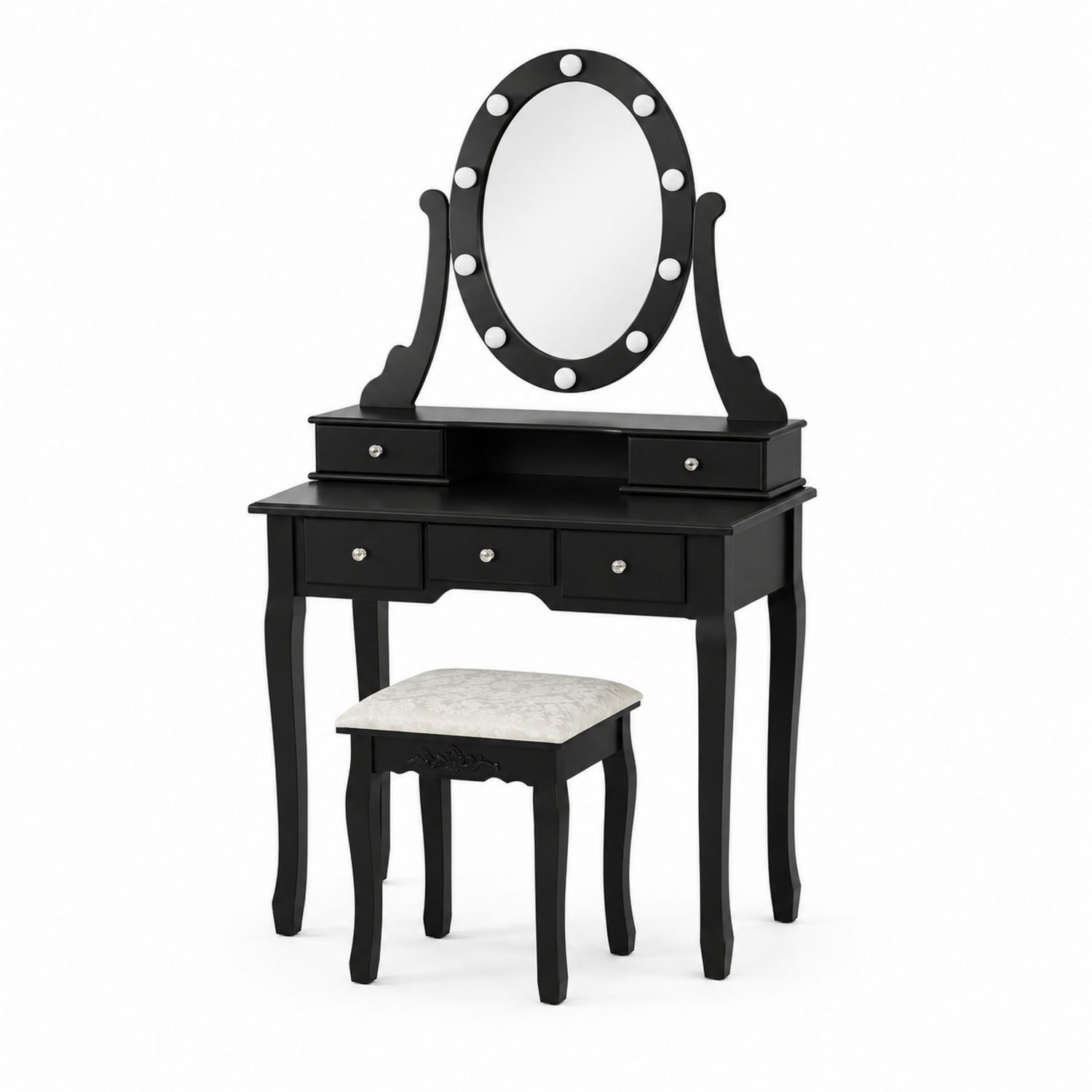 Schminktisch Set mit ovalem Spiegel, Schwarz, Holz, 4 Schubladen, inkl. Hocker-Norvexoril