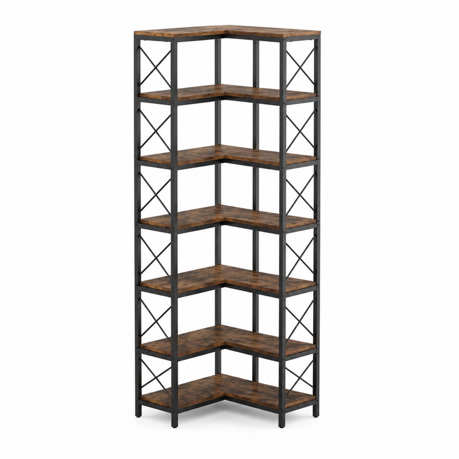 Eckregal Bücherregal 6 Ebenen Holz Metall Braun Schwarz-Norvexoril