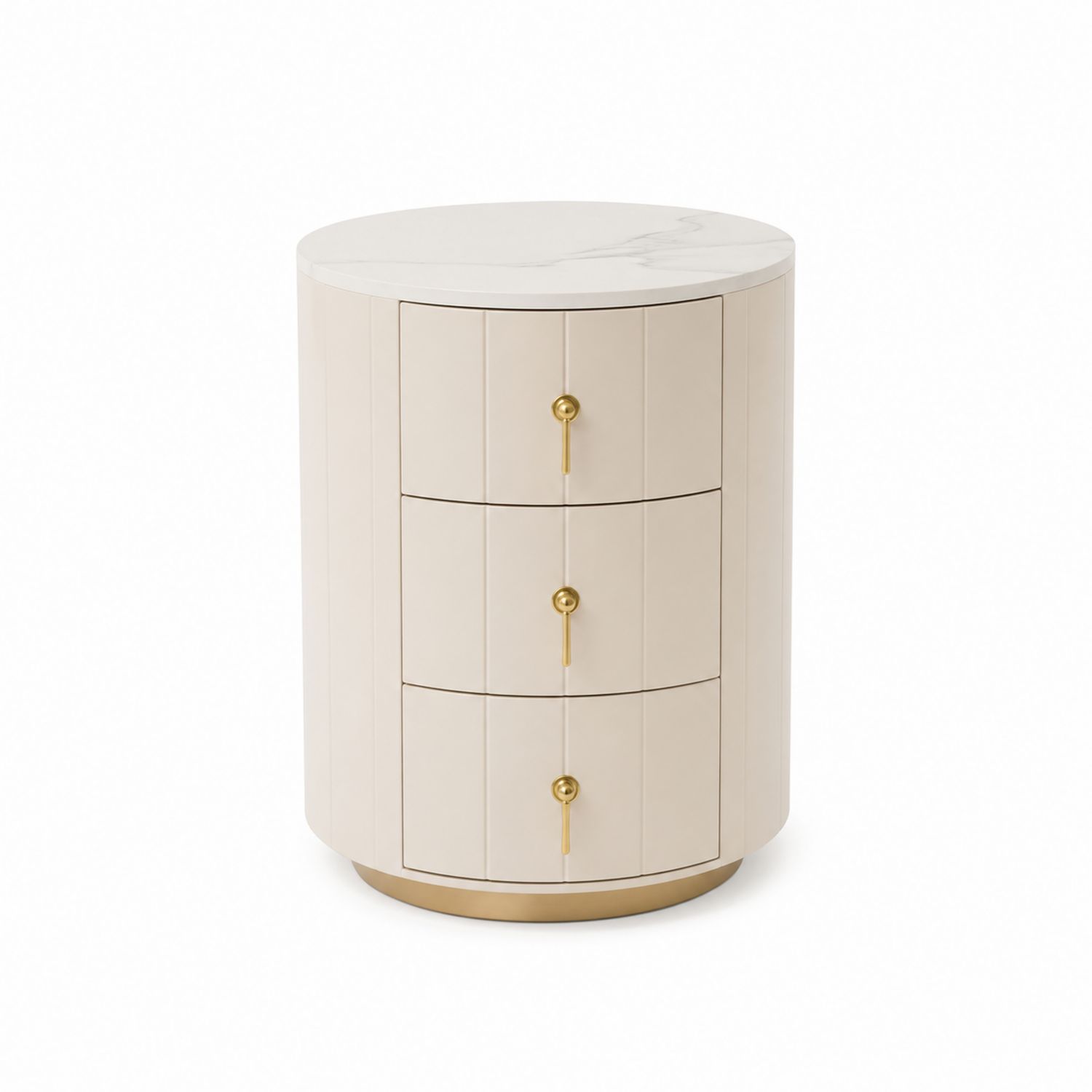 Runder Nachttisch mit 3 Schubladen aus MDF und Marmor, Beige/Gold-Norvexoril