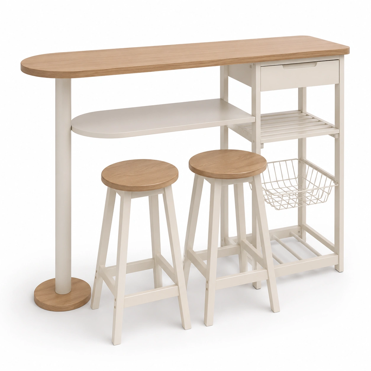 Conjunto de mesa alta y taburetes color marfil con acabado madera-BravelleHome