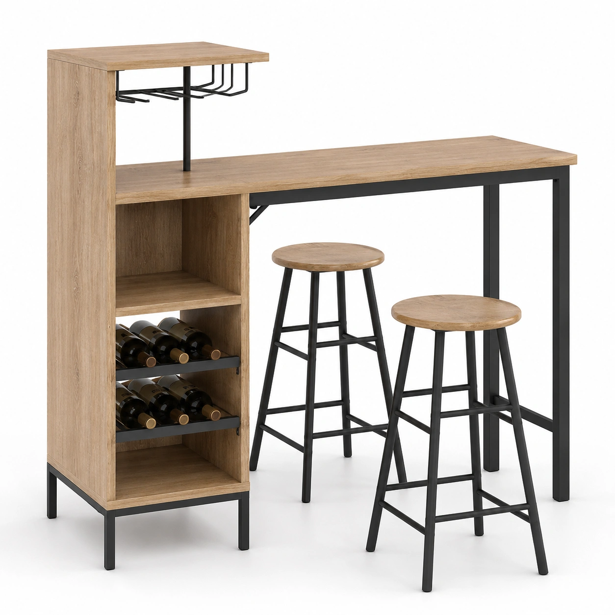 Conjunto de mesa alta con botellero y taburetes acabado madera-BravelleHome