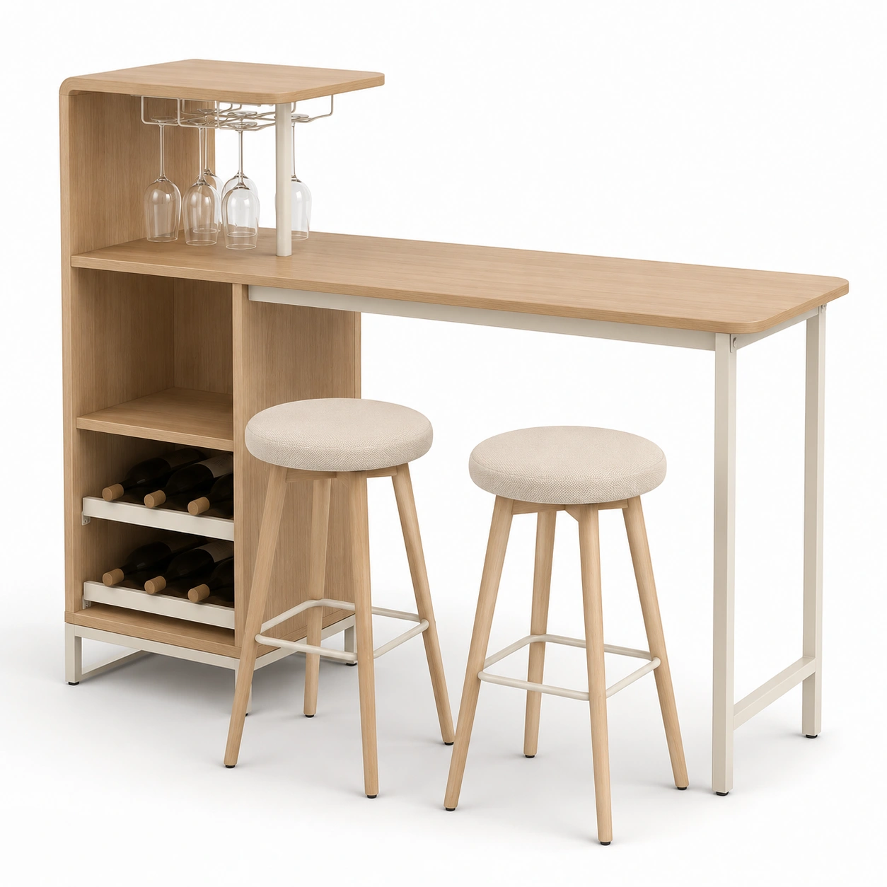 Conjunto de mesa alta con botellero y taburetes color madera clara-BravelleHome