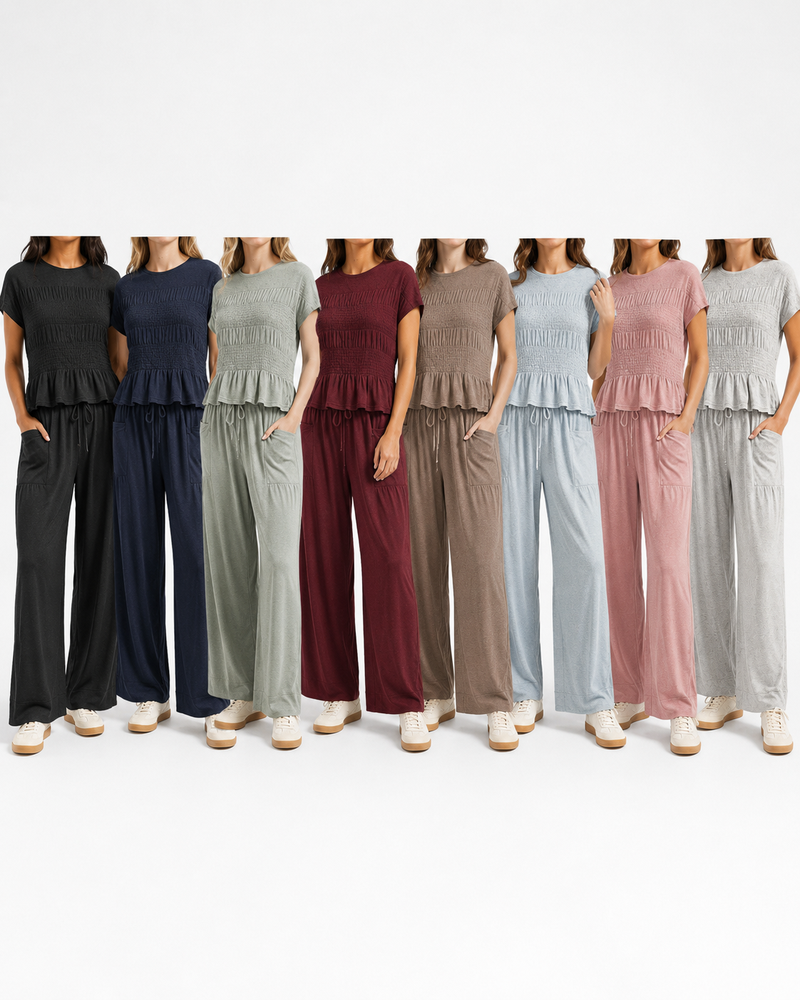 Eight color lineup for women smocked lounge set