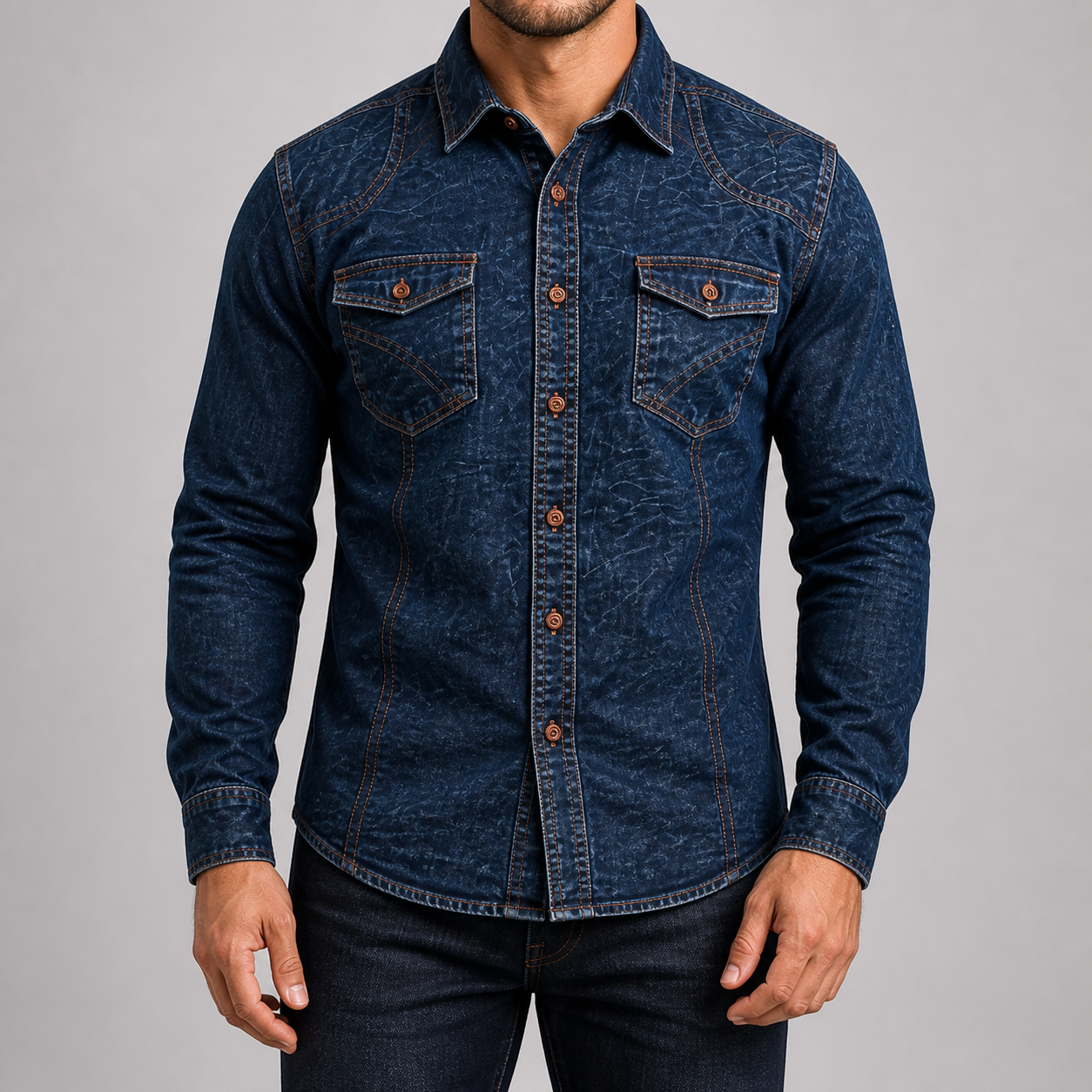 Deep indigo western denim button-up jacket front view