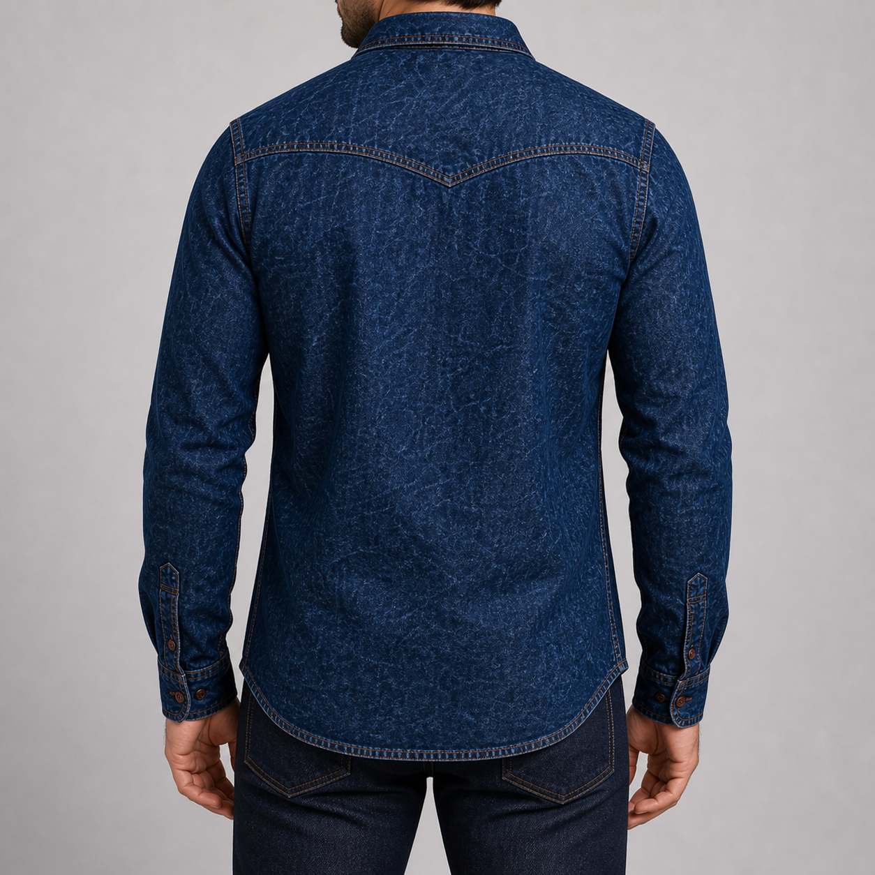 Deep indigo western denim button-up jacket back view