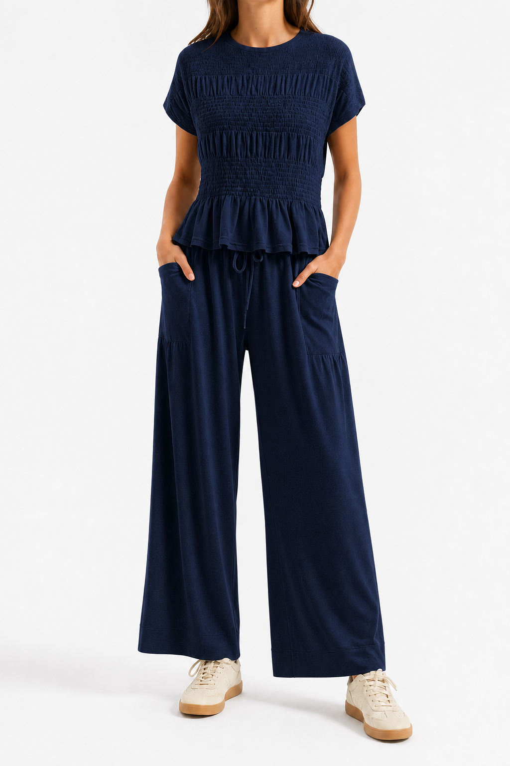 Deep Navy 2-piece smocked lounge set
