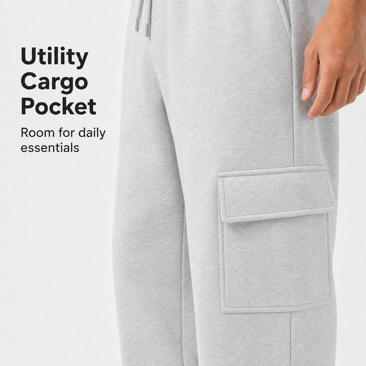 Utility cargo pocket detail on men's fleece sweatpants