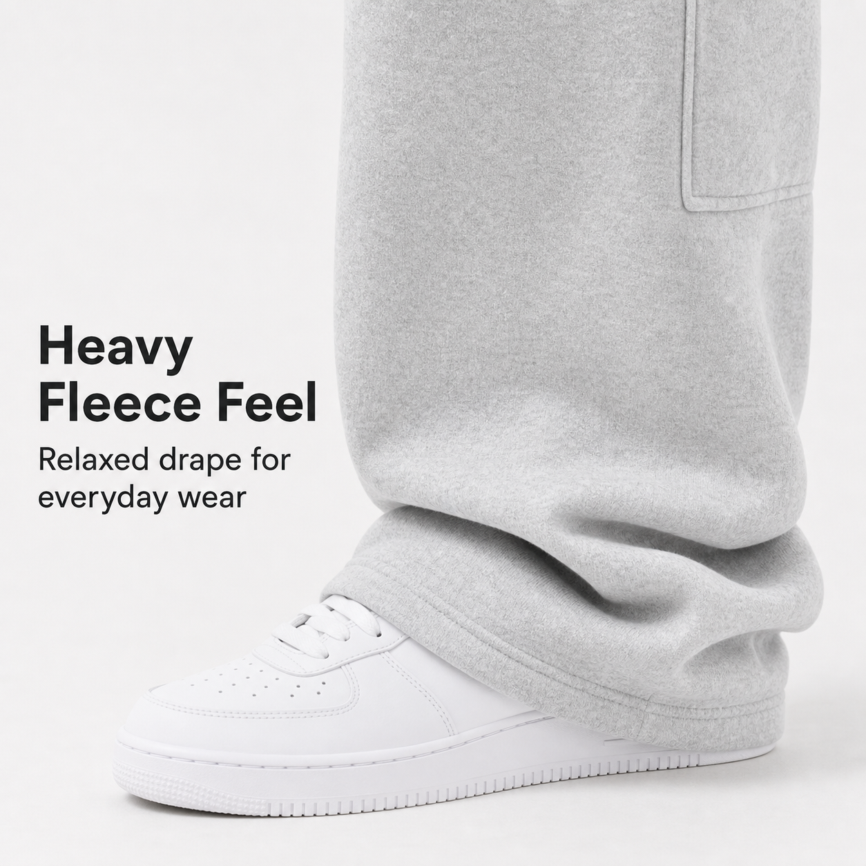Heavy fleece texture and relaxed leg drape detail
