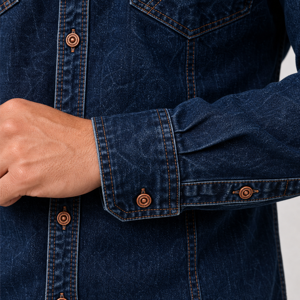 Copper-tone buttons and cuff detail