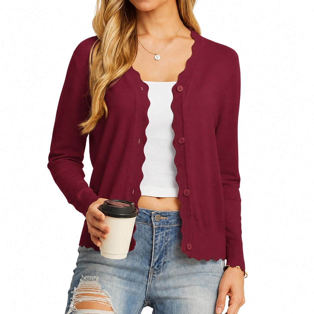 Wine Burgundy scallop-trim cardigan