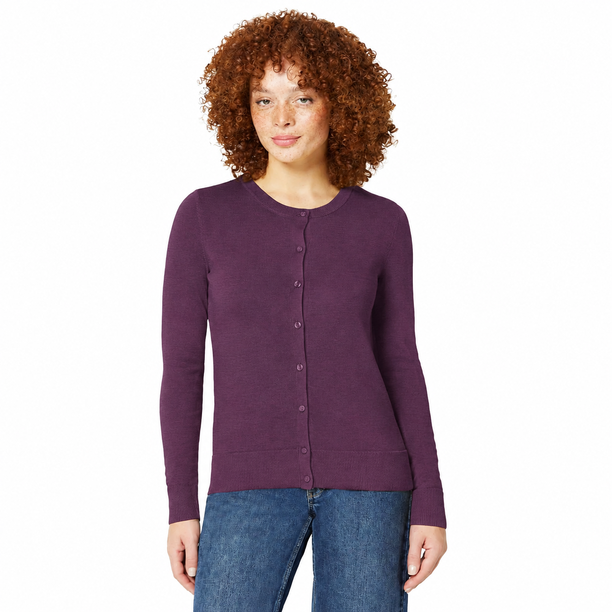 Women's fine-knit cardigan in Plum Aubergine