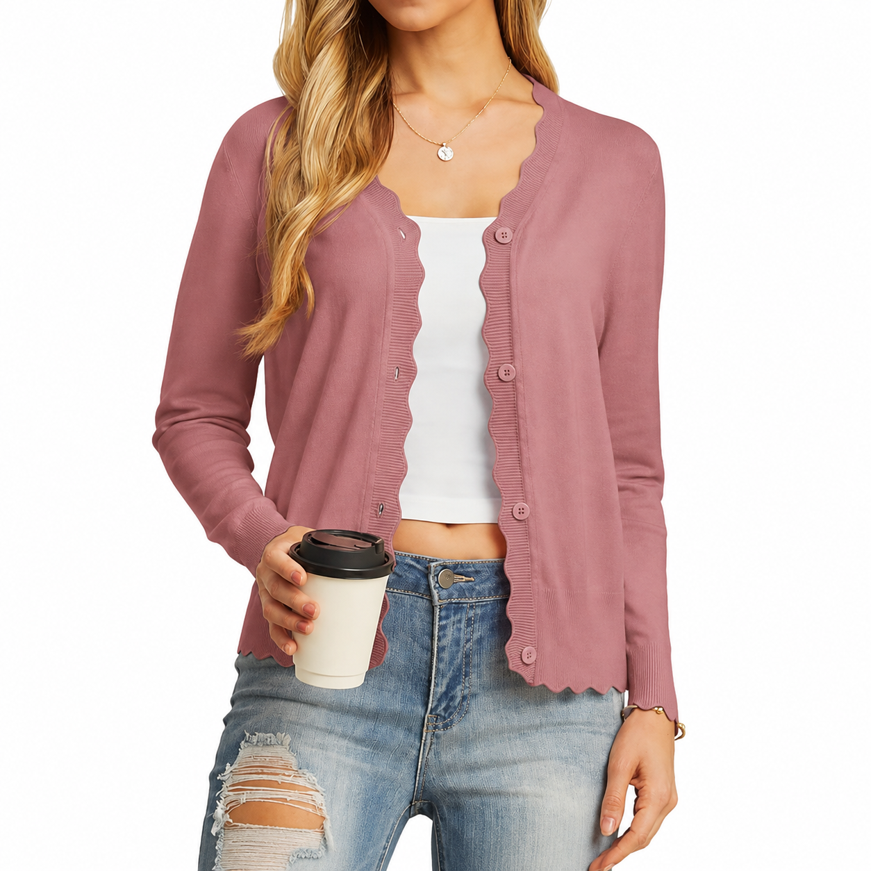 Dusty Rose scallop-trim cardigan