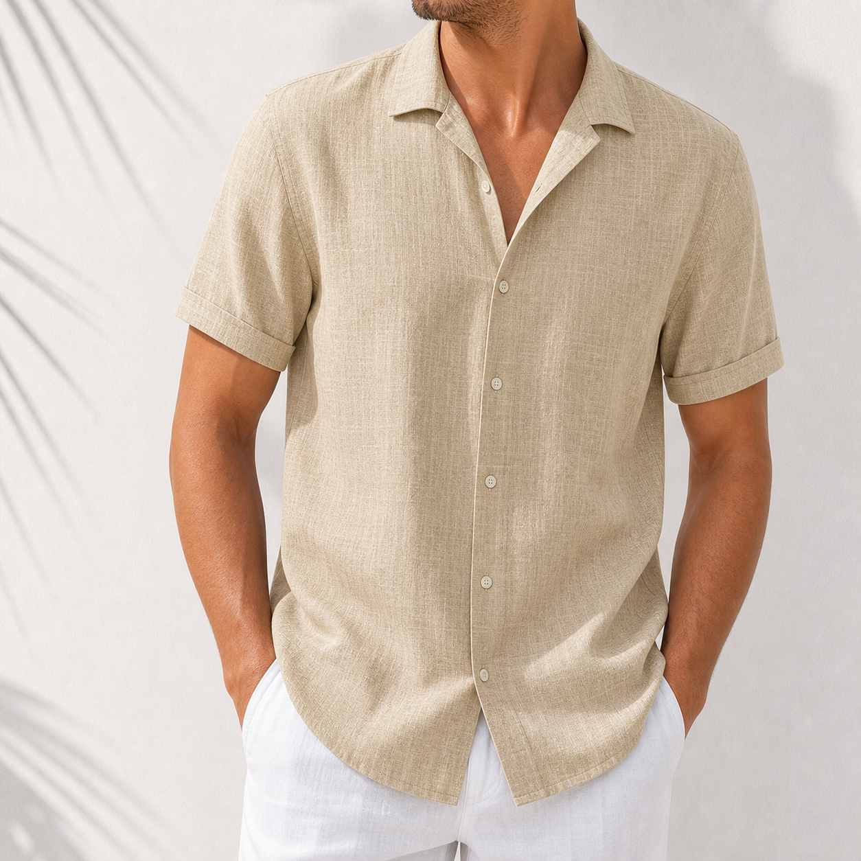 Sand beige short sleeve linen-look shirt