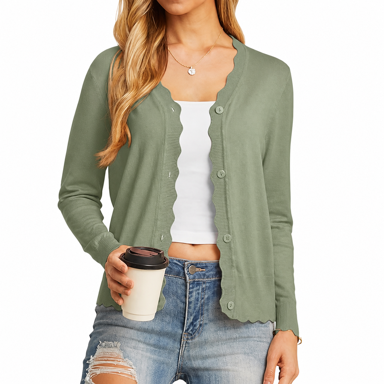 Sage Green scallop-trim cardigan