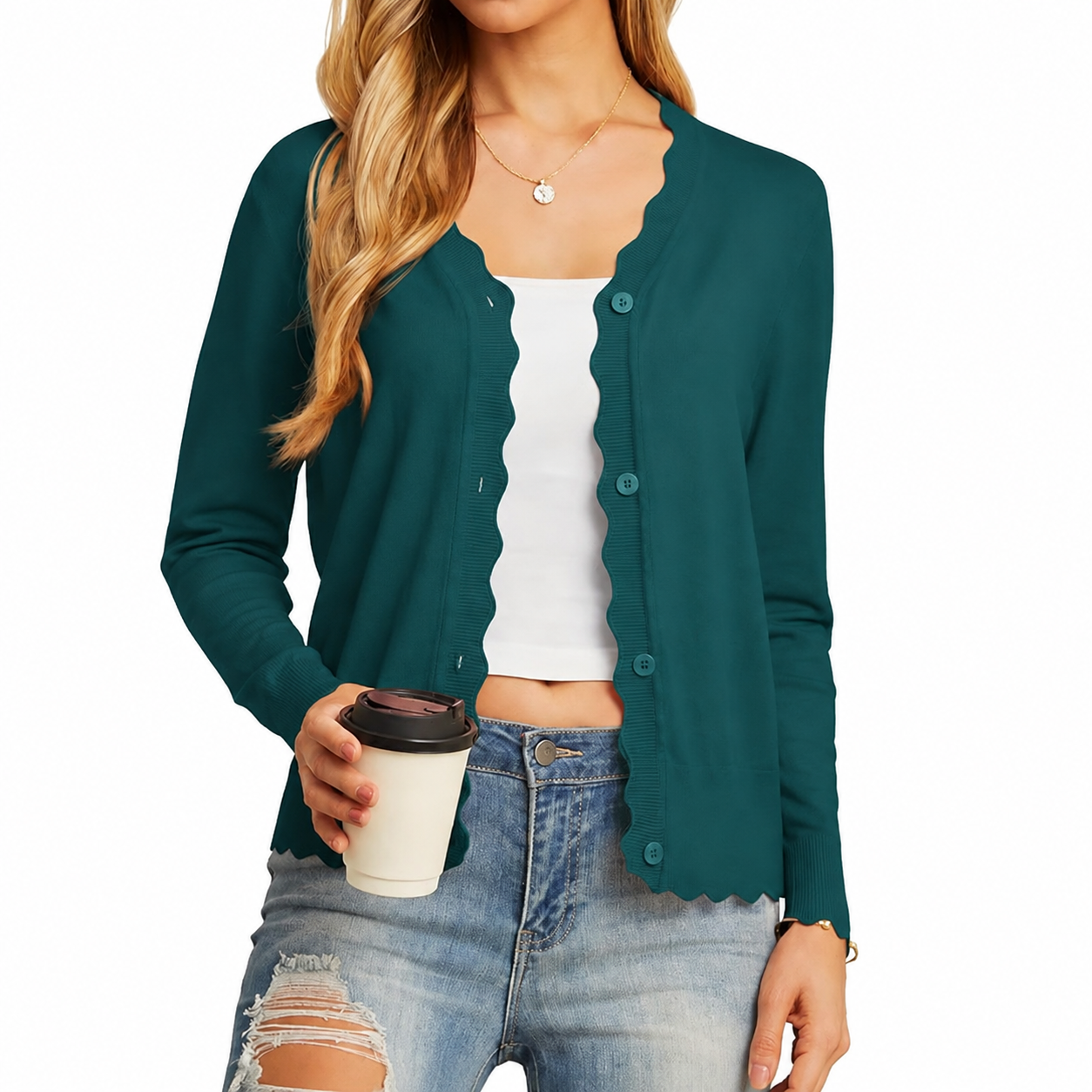 Deep Teal scallop-trim cardigan